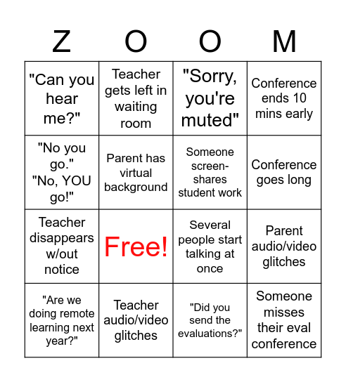 Zoom Evaluation Conference Bingo Card