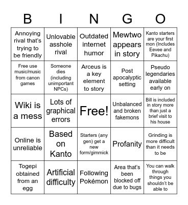 Pokemon fangame bingo Card