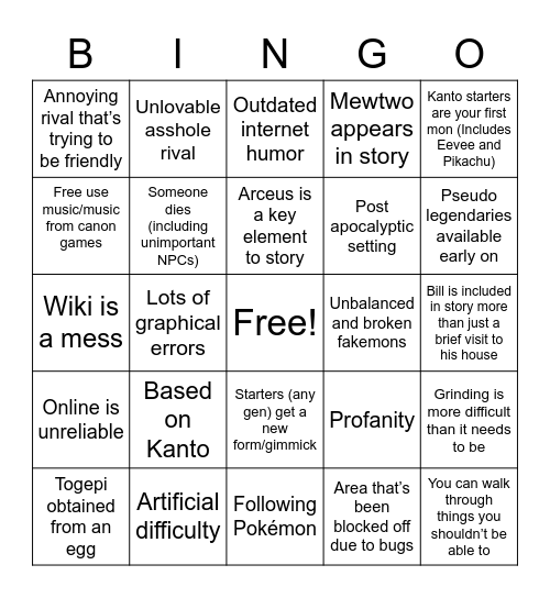 Pokemon fangame bingo Card