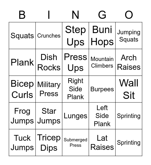 Trampoline Fitness Bingo Card