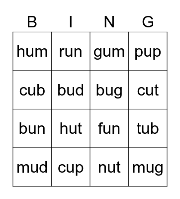 short vowel u Bingo Card