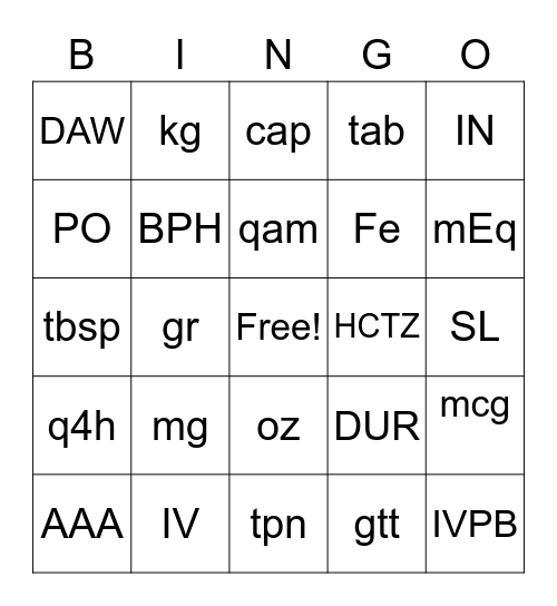 Pharmacy Bingo Card