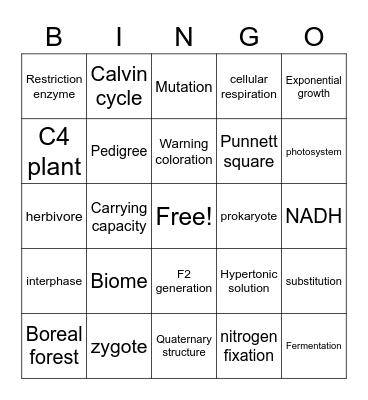 Biology 1 Bingo Card