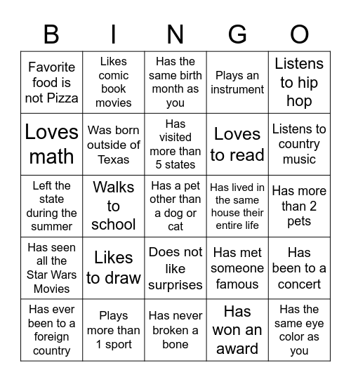 classroom bingo for middle school
