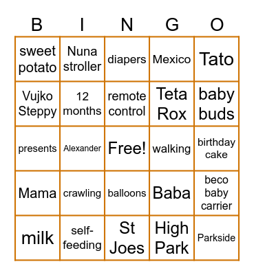 Julian's 1st Birthday Bingo Card