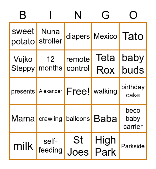 Julian's 1st Birthday Bingo Card