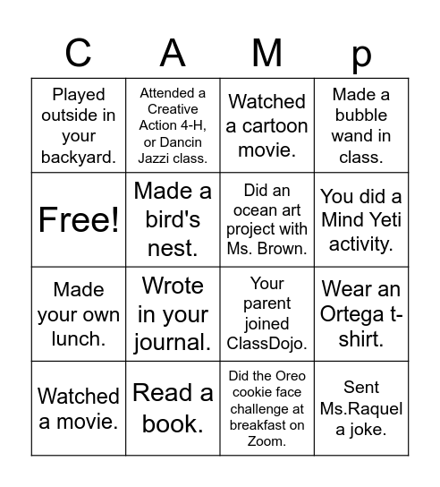 ACE Summer Camp Bingo Card
