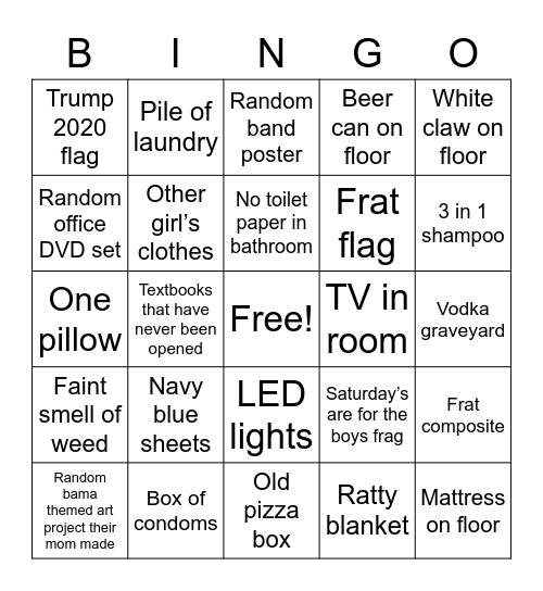 Frat Boy Bedroom BINGO Card