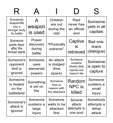 FF Raid Bingo Card