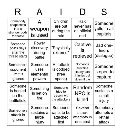FF Raid Bingo Card