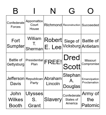 American Civil War Bingo Card