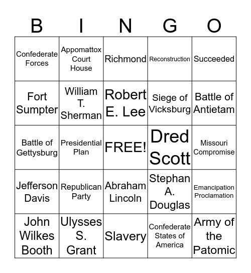 American Civil War Bingo Card