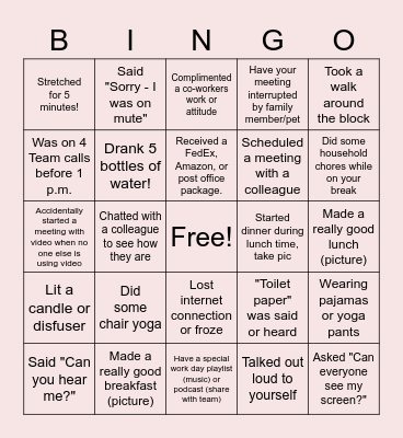 Remote Work Bingo Card