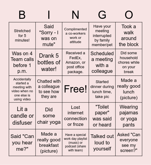 Remote Work Bingo Card