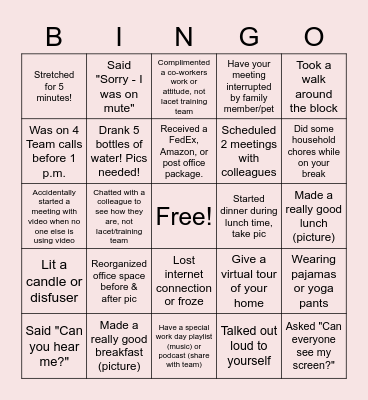 Remote Work Bingo Card