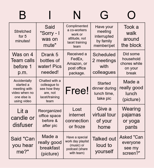 Remote Work Bingo Card