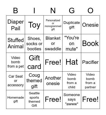 Virtual Baby Shower Bingo Card