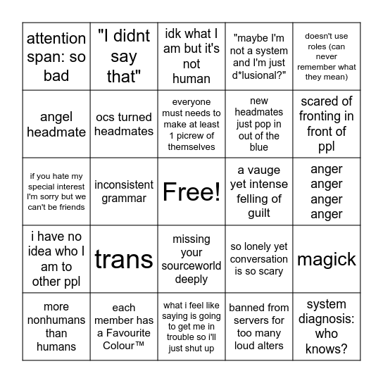 how similar are you to the starscape system Bingo Card