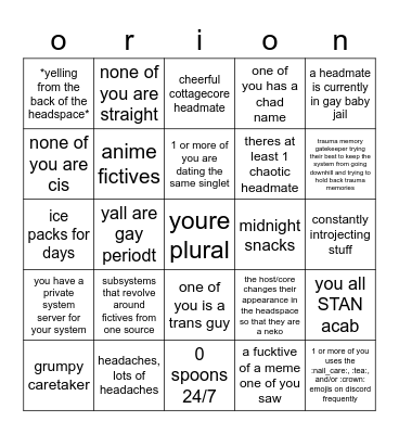 orion system idk Bingo Card
