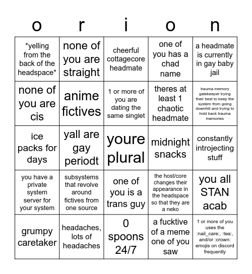 orion system idk Bingo Card