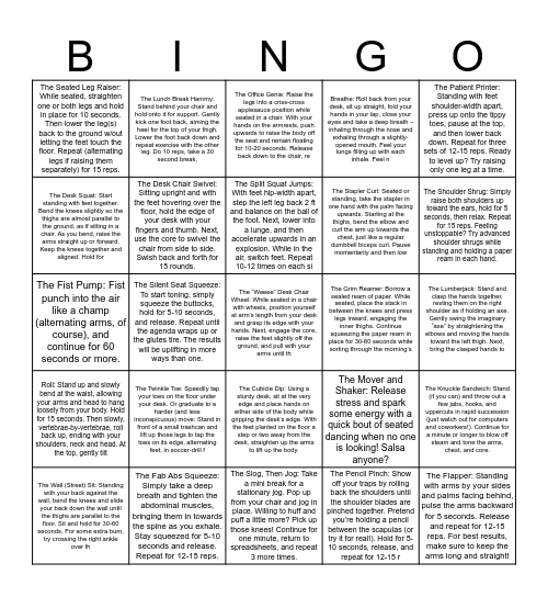 DESKERCISE Bingo Card