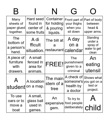 Multiple Meaning Words - Definitions Bingo Card