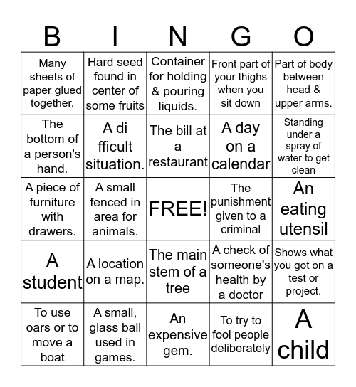 Multiple Meaning Words - Definitions Bingo Card