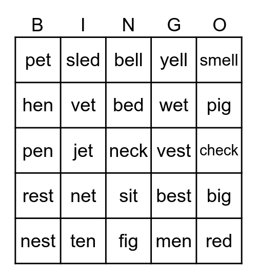short vowel e Bingo Card