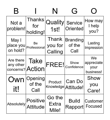 Customer Service Bingo Card