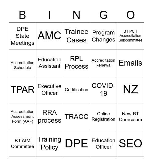 RACP Bingo Card