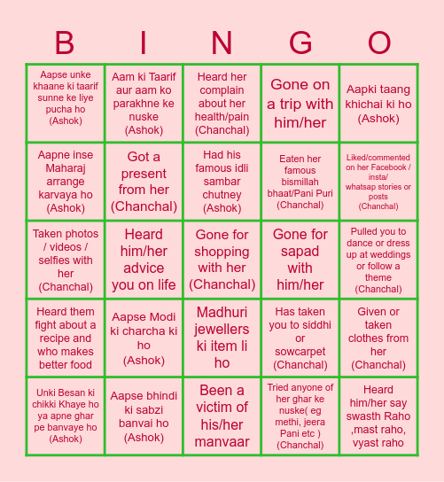 Ashok & Chanchal’s Anniversary Bingo Card