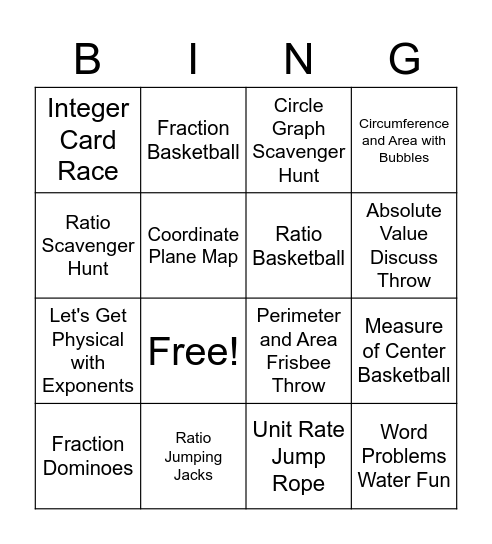 Math Field Day BINGO Board Bingo Card