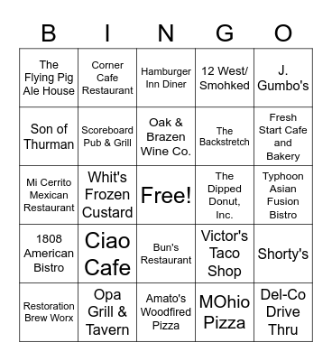 City of Delaware Restaurant Bingo Card
