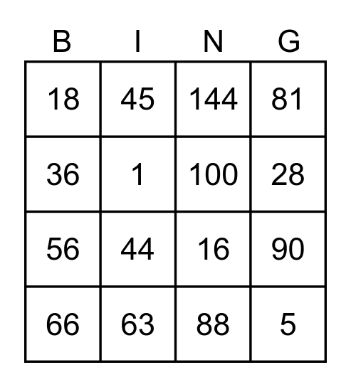 Multiplication Bingo Card