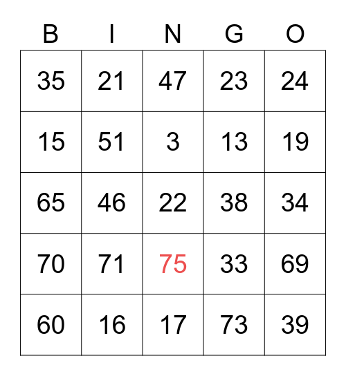 1-75 Bingo Card