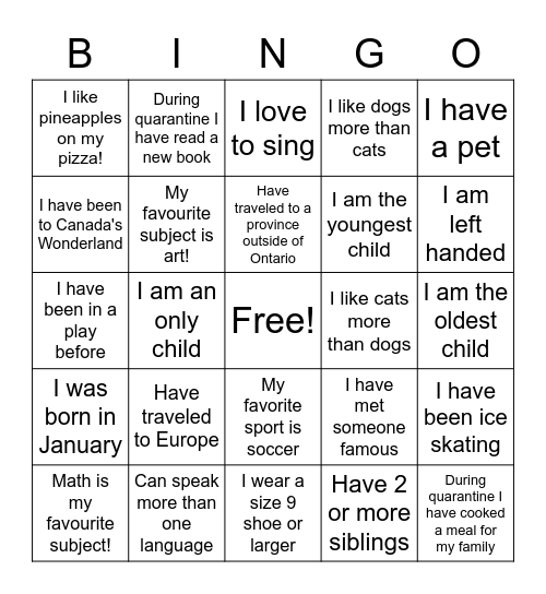 Get To Know You! Bingo Card