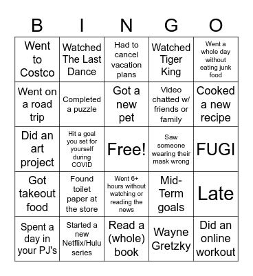 Quarantine BINGO Card