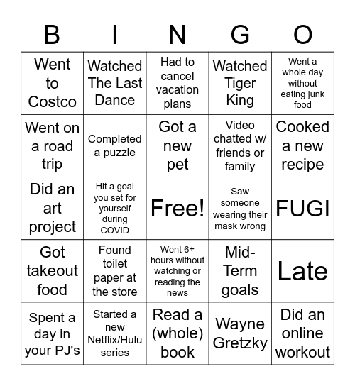 Quarantine BINGO Card