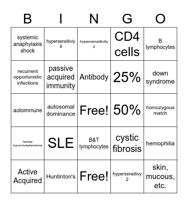 Immune Bingo Card