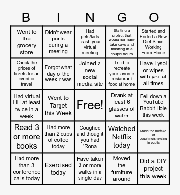 Social Distancing BINGO Card