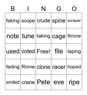 silent e Bingo Card