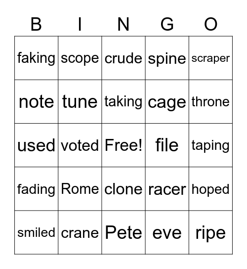 silent e Bingo Card