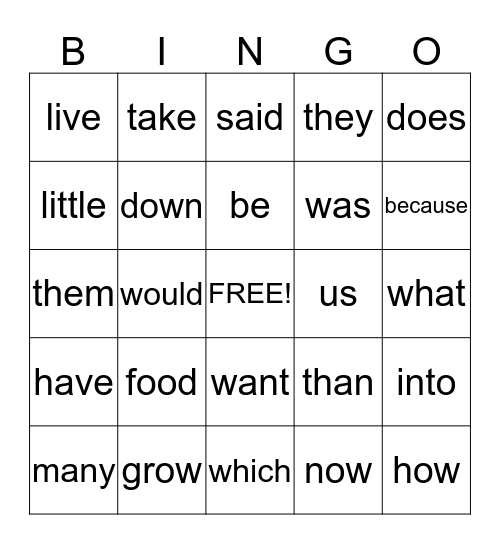 Lesson 9 High Frequency Words Bingo Card