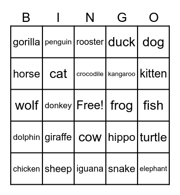 Animals Unit 3 Bingo Card