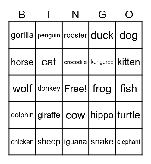 Animals Unit 3 Bingo Card