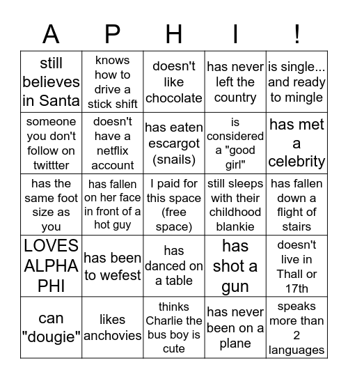 Alpha Phrat Bingo Card