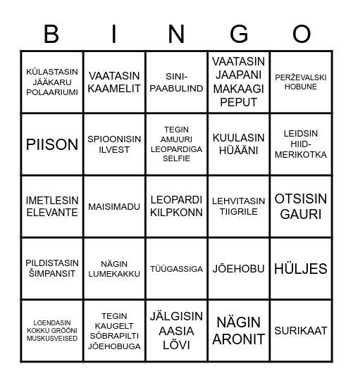 Tallinna loomaaia bingo Card