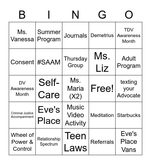 YP Bingo Night! Bingo Card