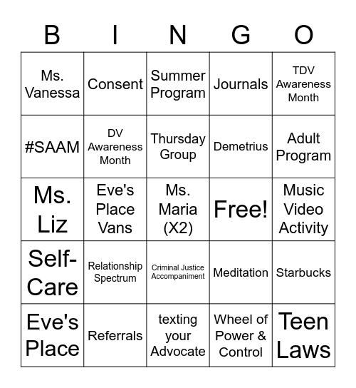 YP Bingo Night! Bingo Card