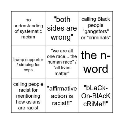 bingo for when SAT is being racist... again Bingo Card